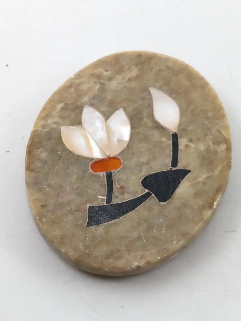 Vintage Mother of Pearl Inlay Floral Stone Trinket Box