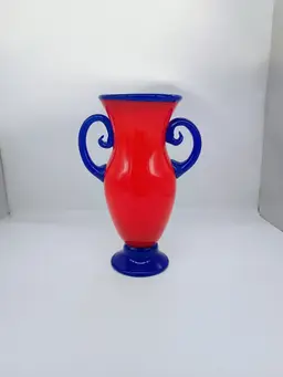 MAD Art Glass Studio Red and Cobalt Urn Style Vase Signed Rina Dated 1995 11.5"