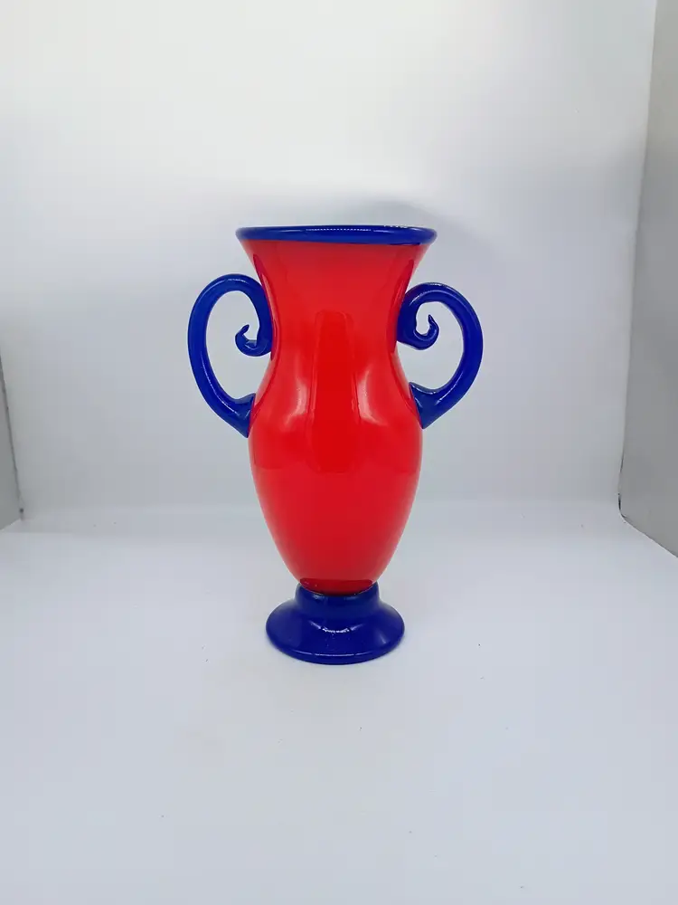 MAD Art Glass Studio Red and Cobalt Urn Style Vase Signed Rina Dated 1995 11.5"