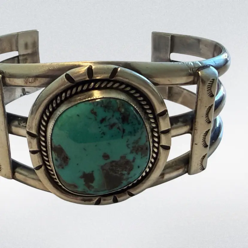 Sterling Silver Bracelet w/ Turquoise Signed NJ Heavy - 88.84grams 2 1/2" wide with 1 1/2" opening