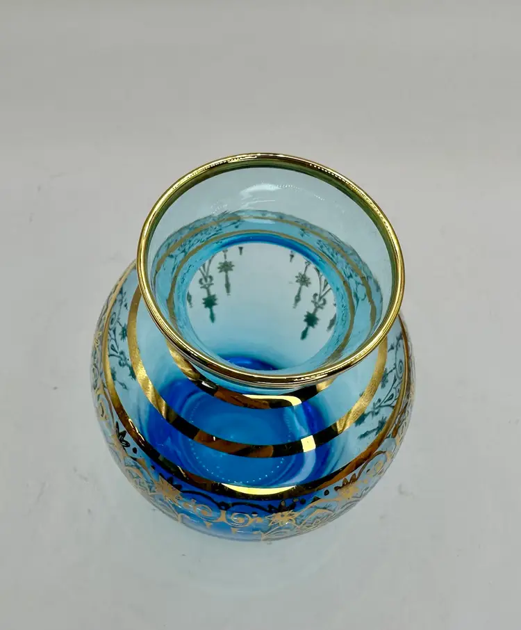 Blue Vecchia Murano Vase Venetian Art Glass Gold Gilt 4 1/4”