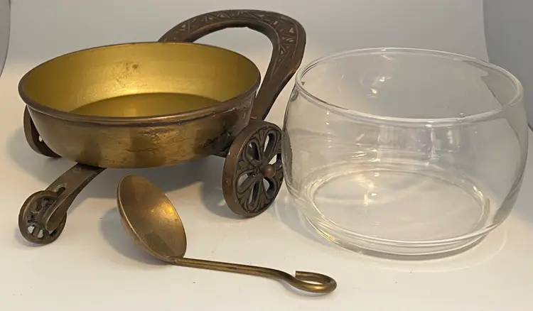 MCM Israeli Brass, Enamel & Glass Condiment Set w/ Spoon