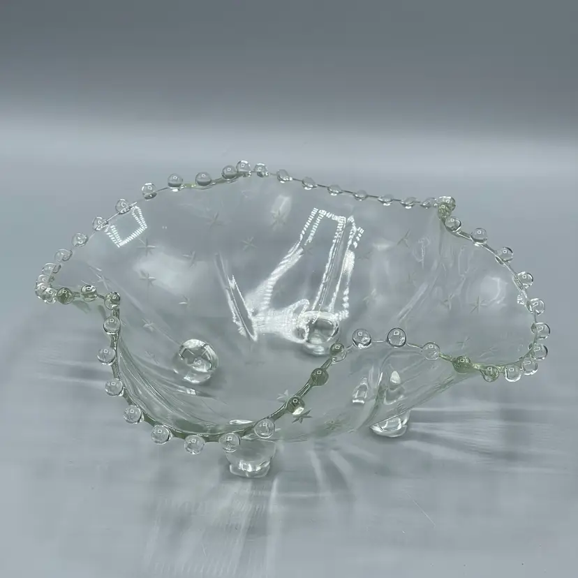 Vintage Imperial Elegant Glass Candlewick Star Etched Footed Ruffle Bowl Clear
