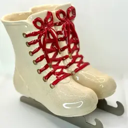 Dept 56 Red Lace Ice Skates Ceramic Planter With Metal Blades, Festive Holiday Decor, By Dept 56, Made In China