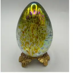 Iridescent Glass Eye Studio Controlled Bubble Egg Paperweight ( Display Stand Not Included)
