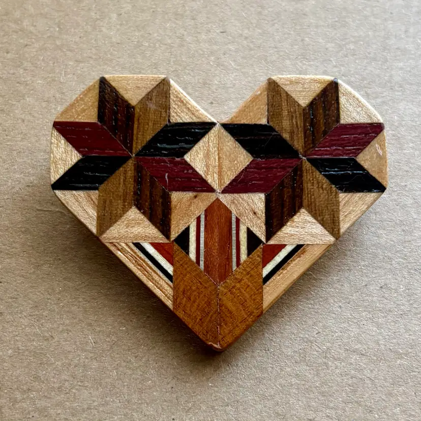 Vintage Inlaid Wood Friendship Heart Brooch Pin Amish Rustic Cottagecore Twee