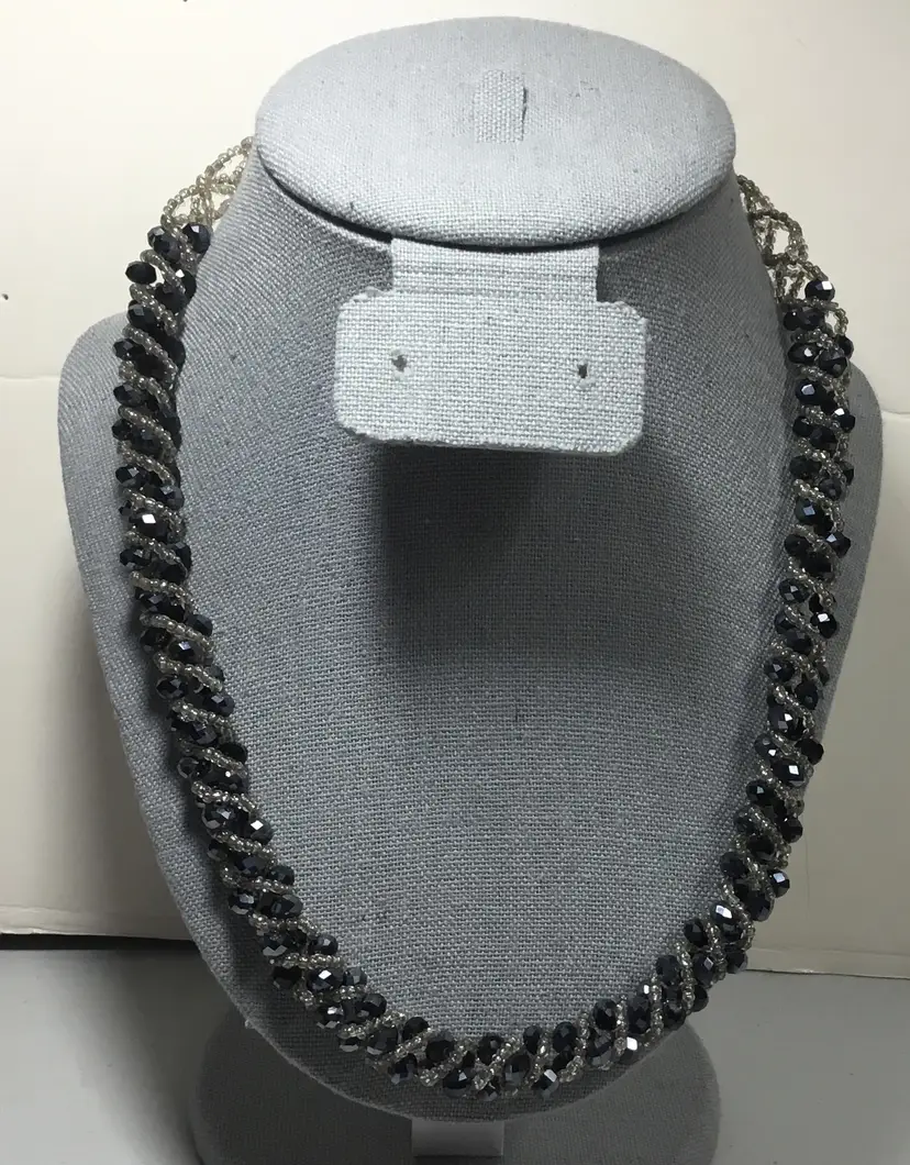 Sparkling, woven, crystal necklace AB dark faceted beads & clear seed beads 21"
