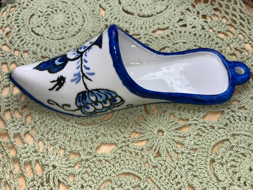Vintage Blue And White Slipper Wall Pocket