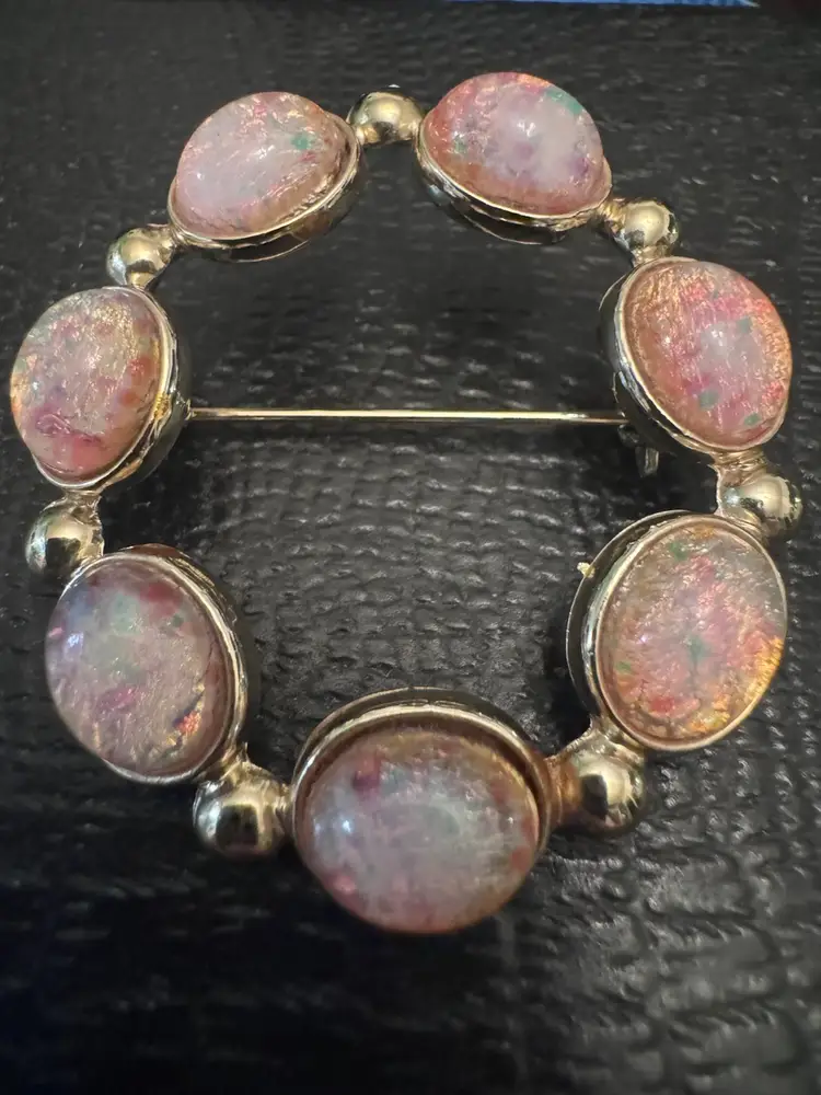 Vintage Iridescent Faux Opal Art Glass Gold Tone Circle Brooch