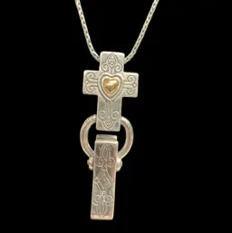 32” Brighton Chain With Silver And Gold Plated Cross With A Heart… ID, Key Holder, Use Like A Lanyard! 3” Extender