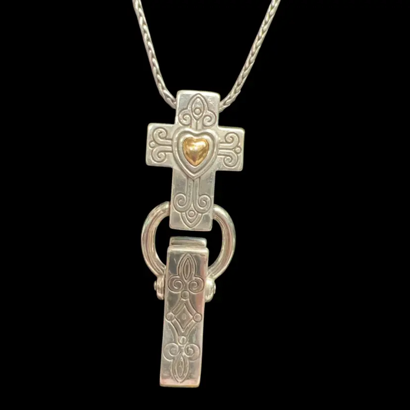 32” Brighton Chain With Silver And Gold Plated Cross With A Heart… ID, Key Holder, Use Like A Lanyard! 3” Extender
