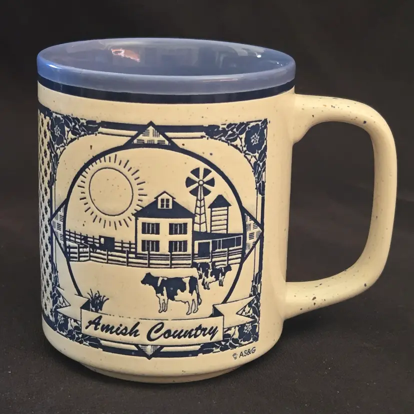 AS&G Amish Country Coffee Mug Cup Ceramic 3⅞" Tall Blue & White with Speckles