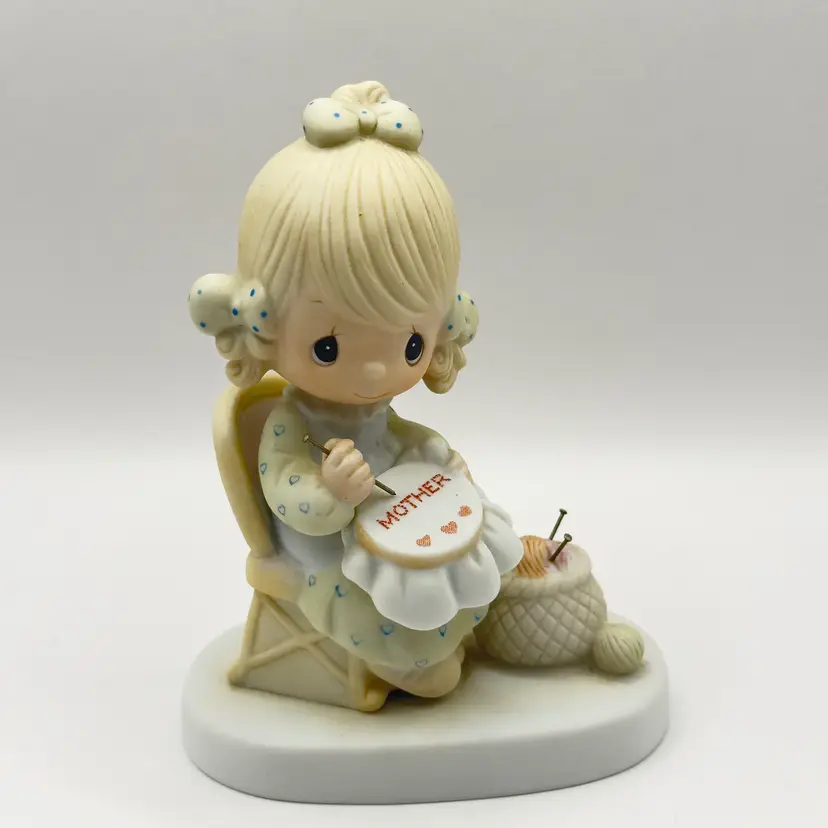 Vintage 1979 “Mother Sew Dear” Sewing Figurine, Mother’s Day Sewing Theme, Designed Jonathan & David Lic., for Precious Moments by Enesco, Made in Taiwan, MPN E-3106, Signed