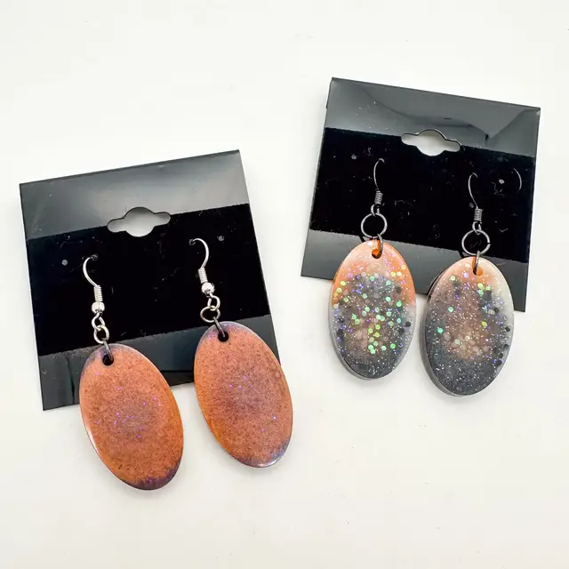 Halloween Colored Oval Resin Earrings Orange Black 2 Pair Set Handmade