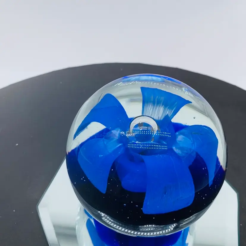 #0015 - Art Glass Paperweight Cobalt Blue Flower with Large Controlled Bubble