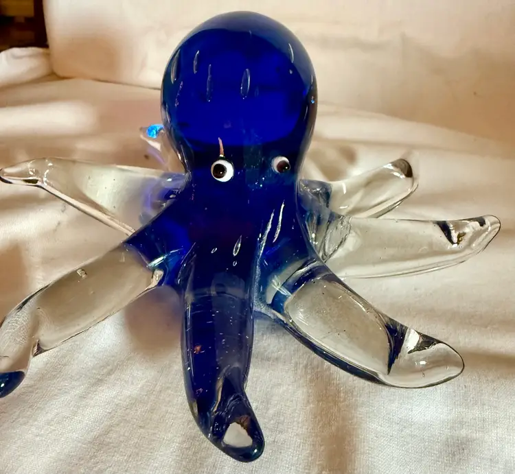 Vintage Hand blown Blue Glass Octopus Paperweight