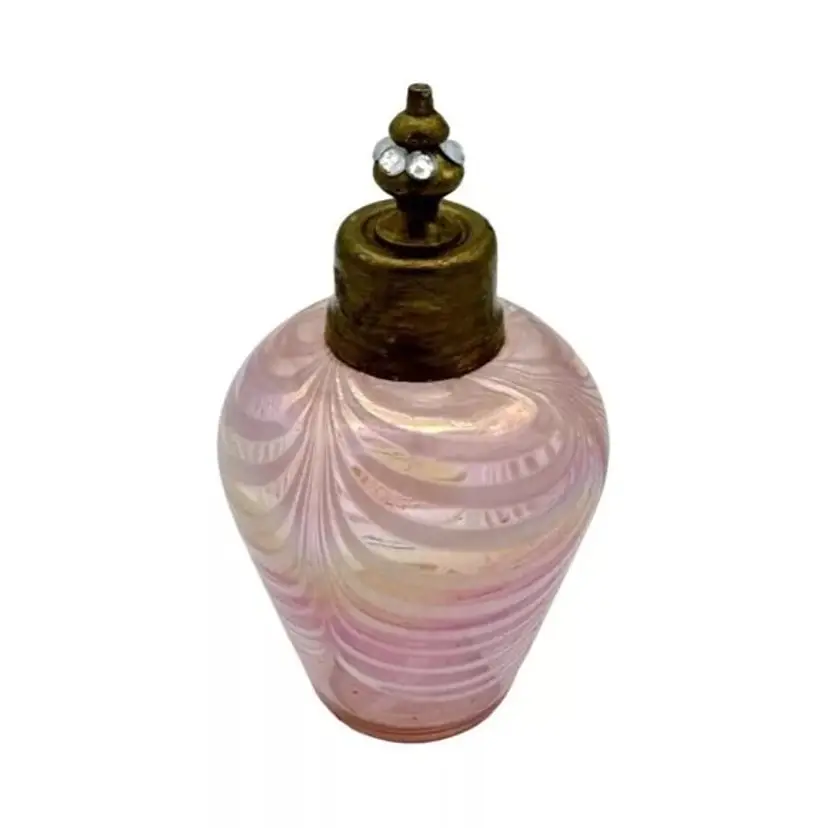 IRICE I W & RICE PERFUME BOTTLE PINK IRIDESCENT PULL FEATHER PATTERN 4.75"X2.5"
