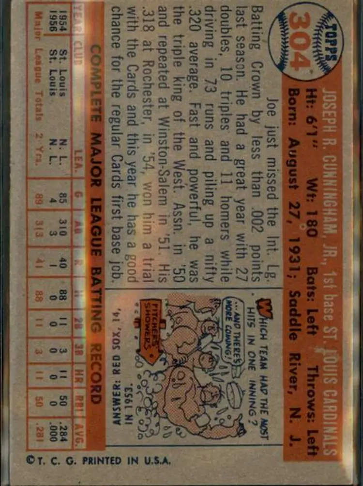 1957 Topps #304 Joe Cunningham - ( pk1 ) - St. Louis Cardinals