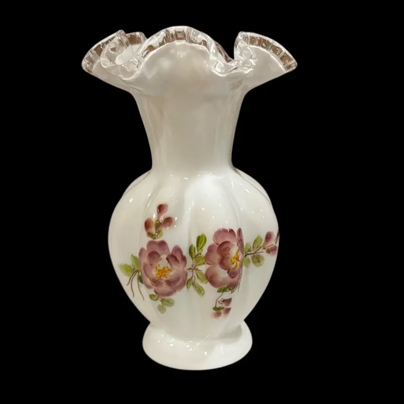 Fenton Floral Hand Painted Silver Crest 6.5" Ruffled Glass Vase
