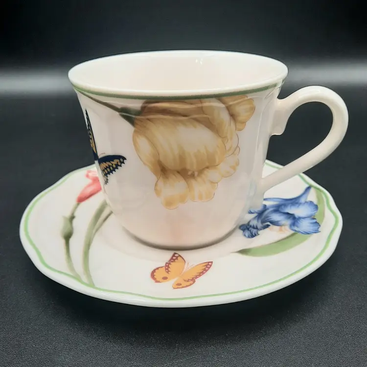 Epoch Exclusives Summer Meadow Floral Butterfly Cups (3) & Saucers (4)