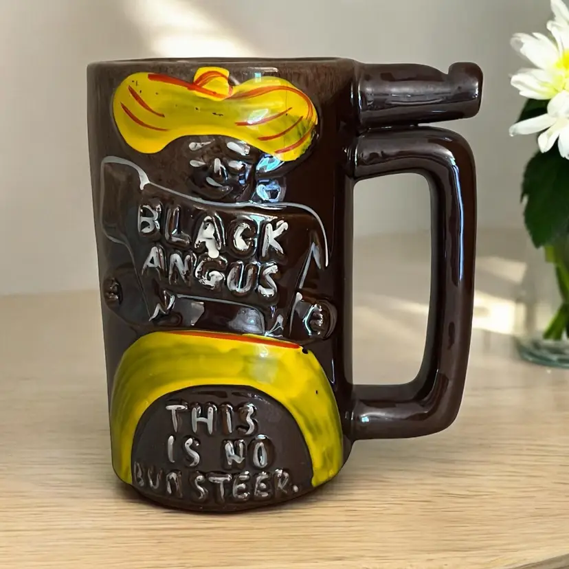 Wet Your Whistle Vintage Restaurant Mug. Black Angus "This Is No Bum Steer"