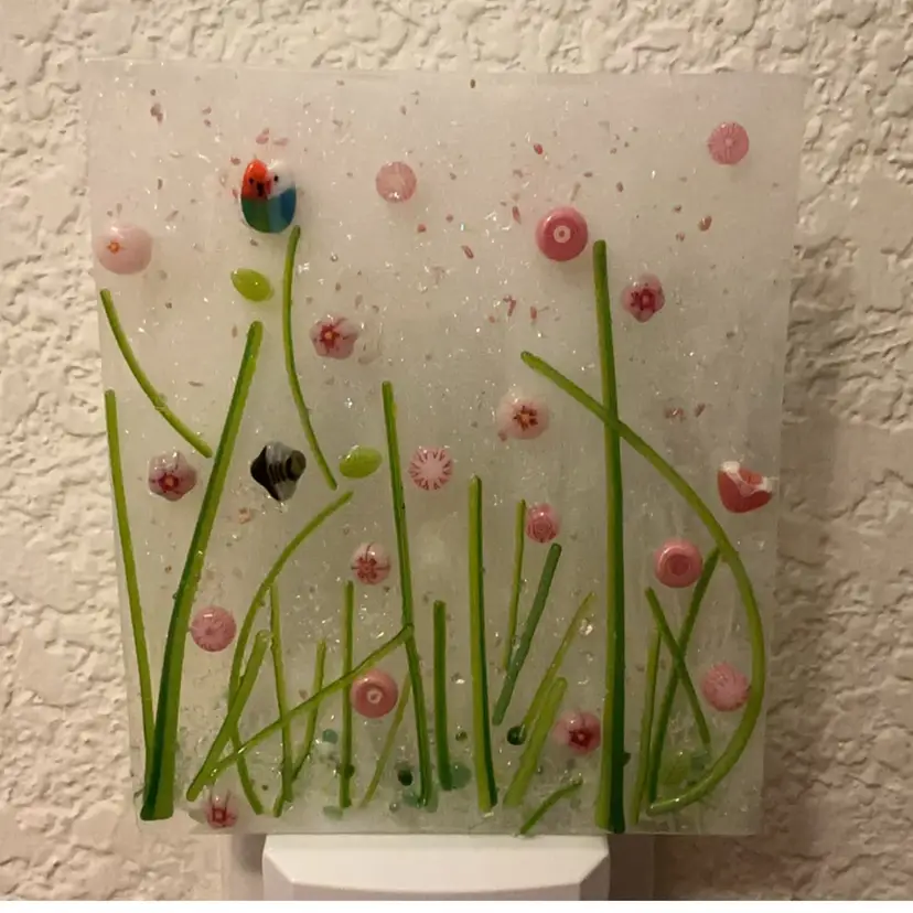 Made by Me! Fused Glass Nightlight 3D Design with Pink Flowers Bee and Lovebirds 3.5โ x 3.25โ Studio Art Handmade