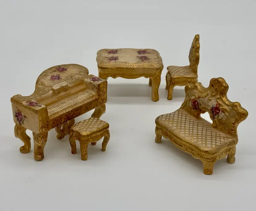 Lot of Charming Mini Furniture Small Royal China Hand Decorated Floral and Gold Pattern Miniature Ceramic Set Of 5 pieces Chair, Sofa, Piano, Piano Seat, Table Gold Hand Painted Decorated