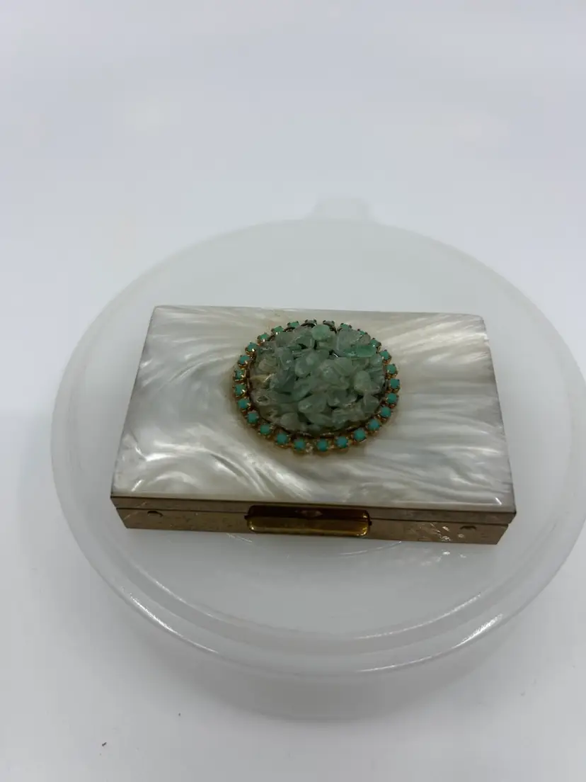 Vintage Gold Tone-Mother Of Pearl & Jade Pill Box With 3 Pill Vials