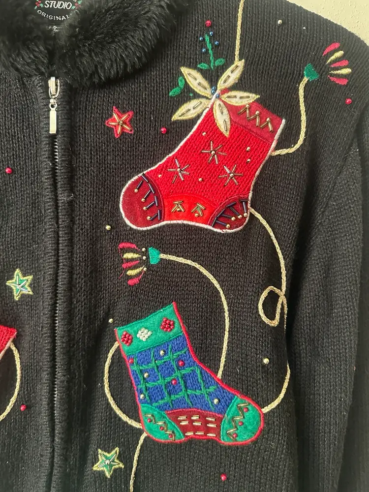 Vintage Designers Studio Originals Holiday Zip Up Sweater With Faux Fur Collar Size L