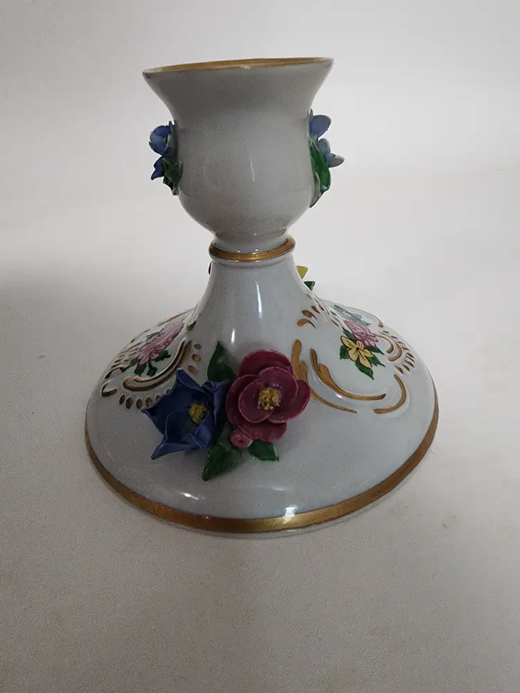 Vtg Dresdan Porcelain Candlestick Holder Floral Gold Trim