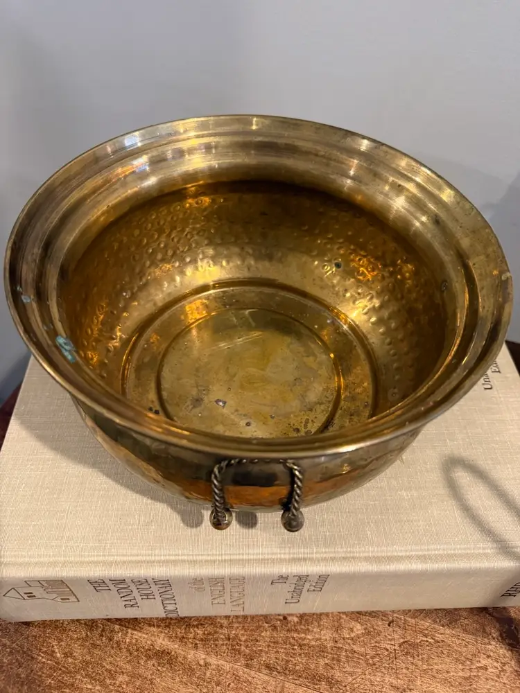 Hammered Brass Planter with Trompe L'oeil Rope and Tassel Design