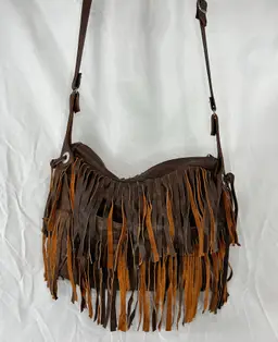Brown Leather Fringe Crossbody Shoulder Bag Boho Western Festival Y2K Vtg