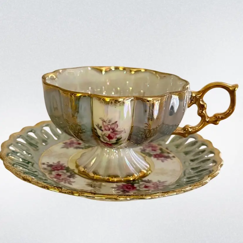 VTG Pastel Aqua Lusterware Tea Cup & Reticulated 6” Saucer Scalloped Tea Cup Japan Nippon