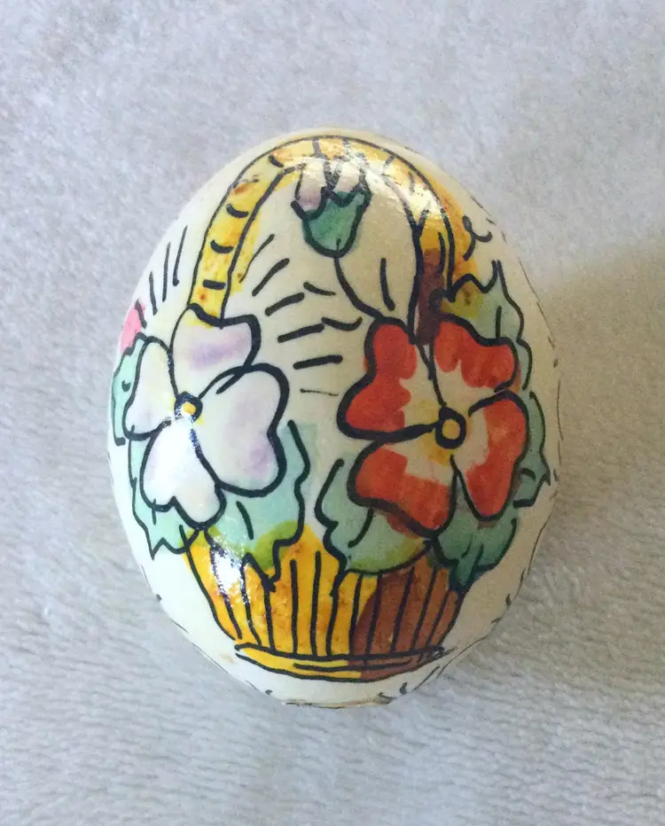 Vintage Hand Painted Flower Basket On A Real Genuine Egg Shell