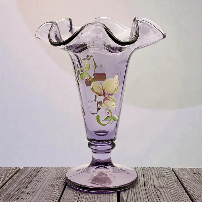 Fenton Purple Crimped Vase Handpainted Flowers by A. Deem 5983EM for McKee Glass