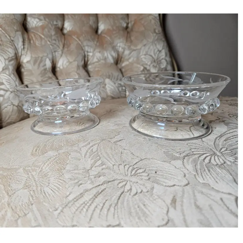 Vintage Clear Glass Floral Etched Dessert Cups GLOWS! Set Of 2