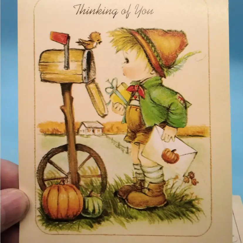 Vintage 'Thinking of You' Greeting Card with Boy and Mailbox Illustration