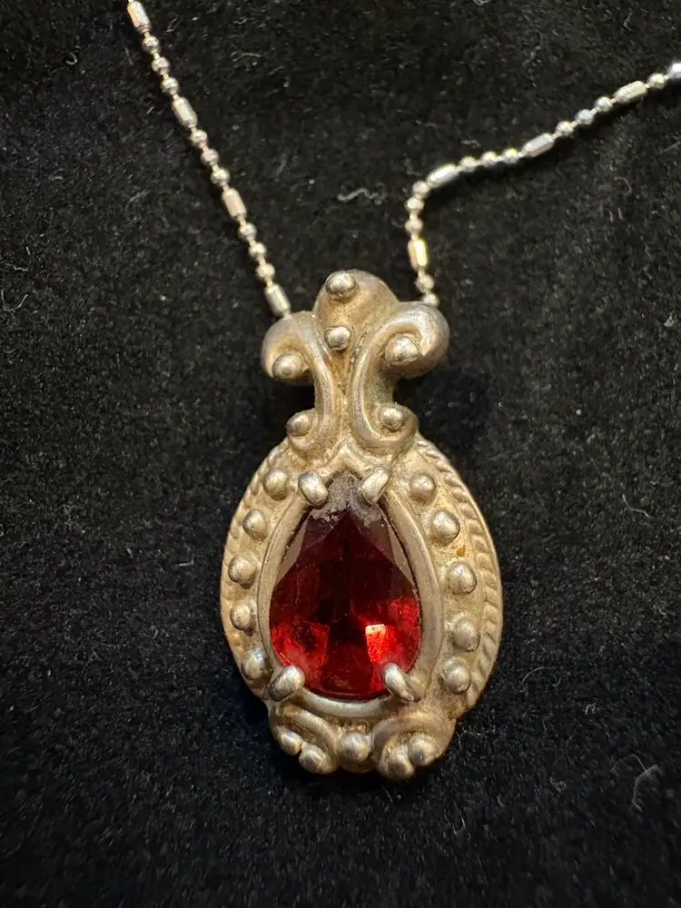 Sterling Silver Garnet Necklace w/ Chain marked Italy