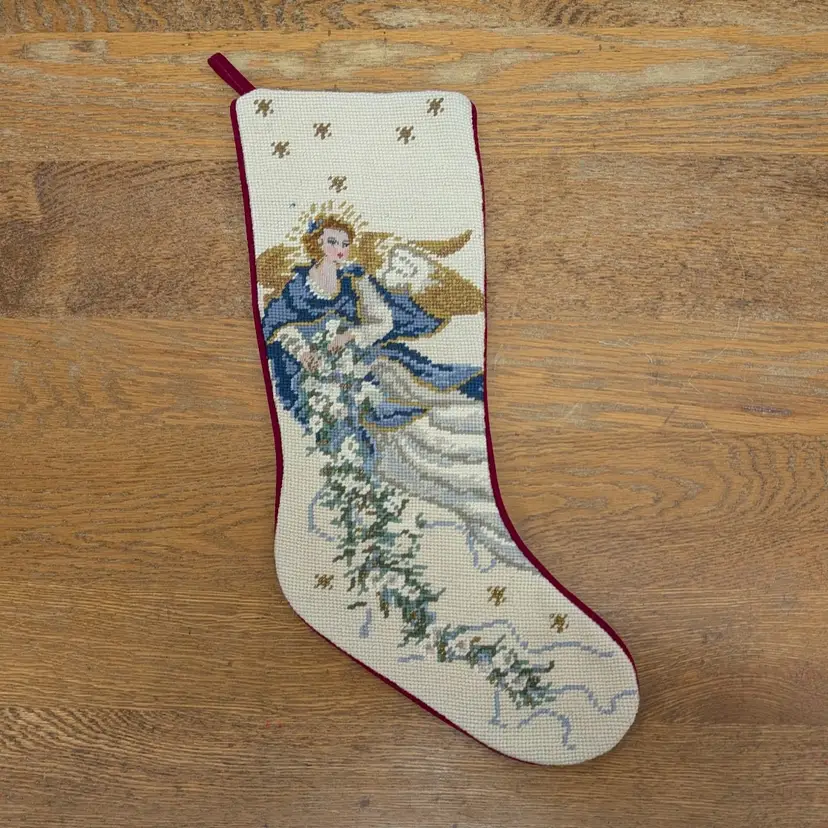 Vintage Wool Needlepoint Christmas Stocking Angel Stars Garland Lined 18.5 x 9”