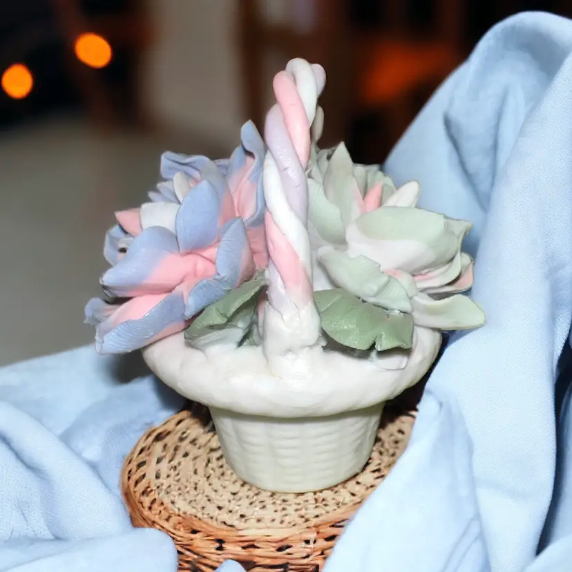 Small White Porcelain Basket w/ Purple White Pink Flowers Braided Handle 3”