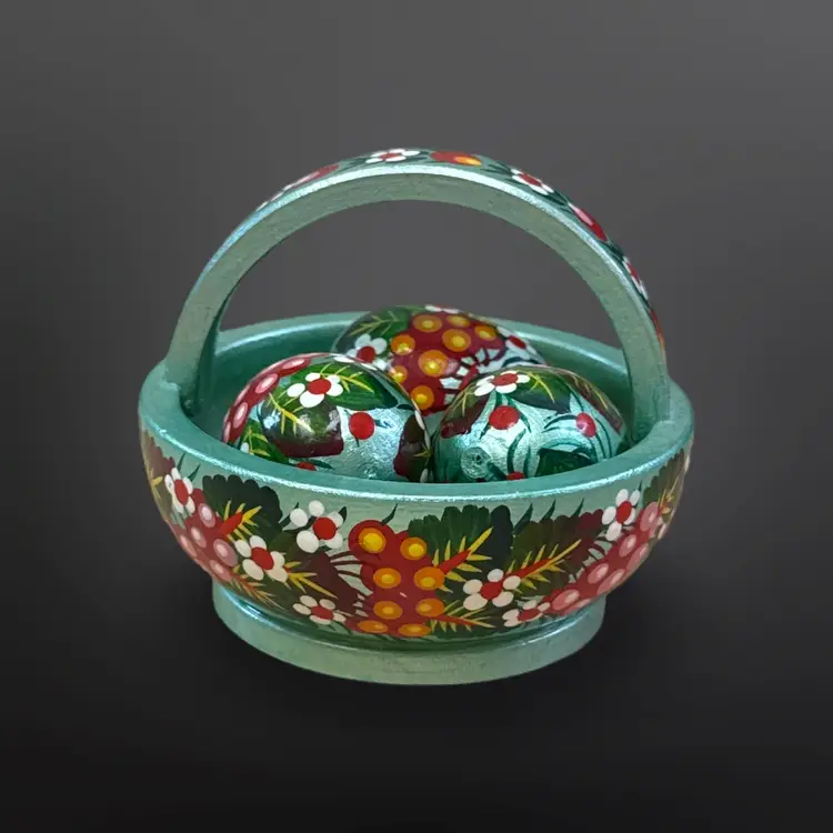 Hand Painted Wooden Basket With Eggs Made In Ukrain