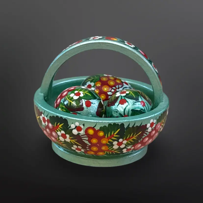 Hand Painted Wooden Basket With Eggs Made In Ukrain