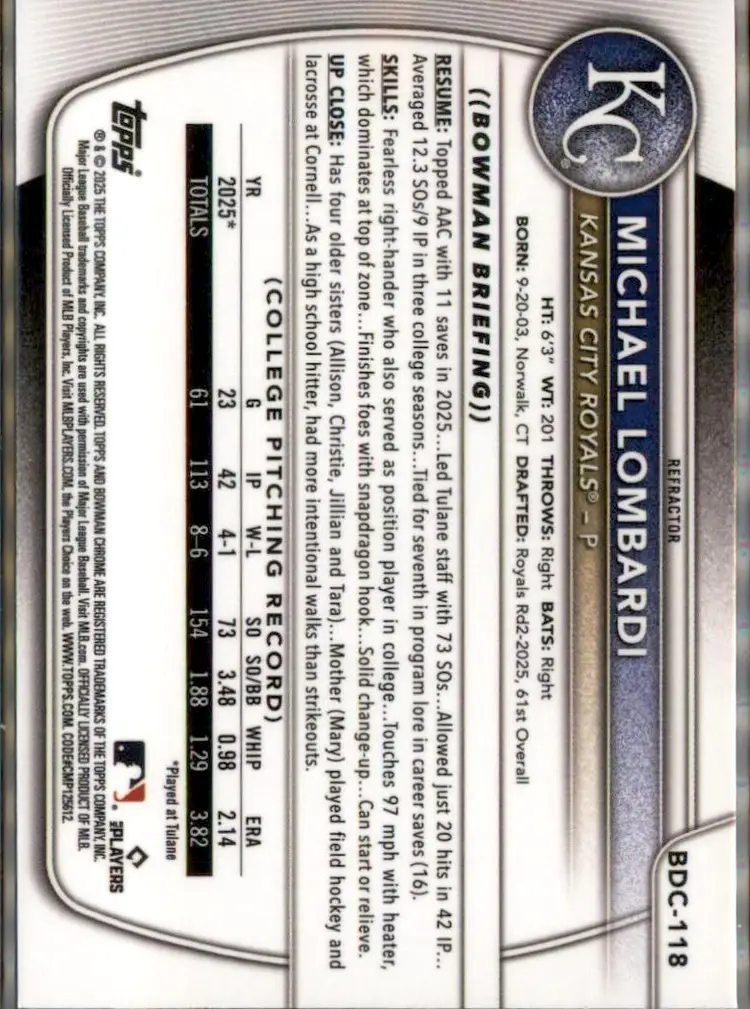 2025 Bowman Draft #BDC-118 Michael Lombardi Chrome Refractor - (138) - Kansas City Royals