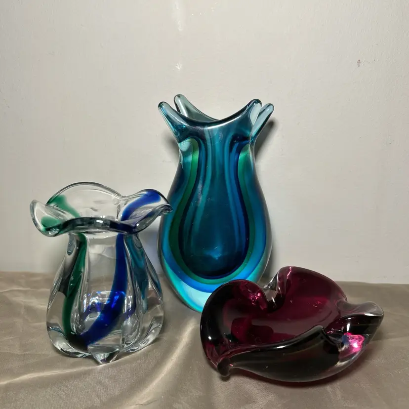 Vintage Murano Art Glass Green And Blue Sommerso Vase + more Murano