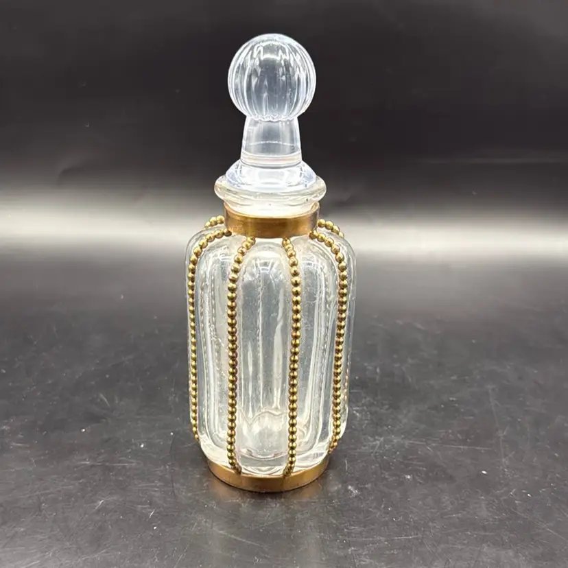 Vintage Crystal Bubbled Glass Perfume Bottle With Beaded Brass Accents * Not Original Stopper