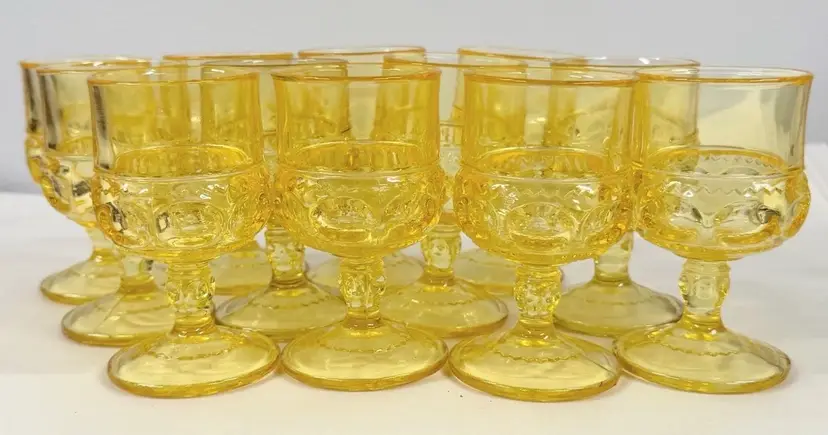Set 12 Indiana Kings Crown Thumbprint 4oz Footed Glasses YELLOW 4.5"