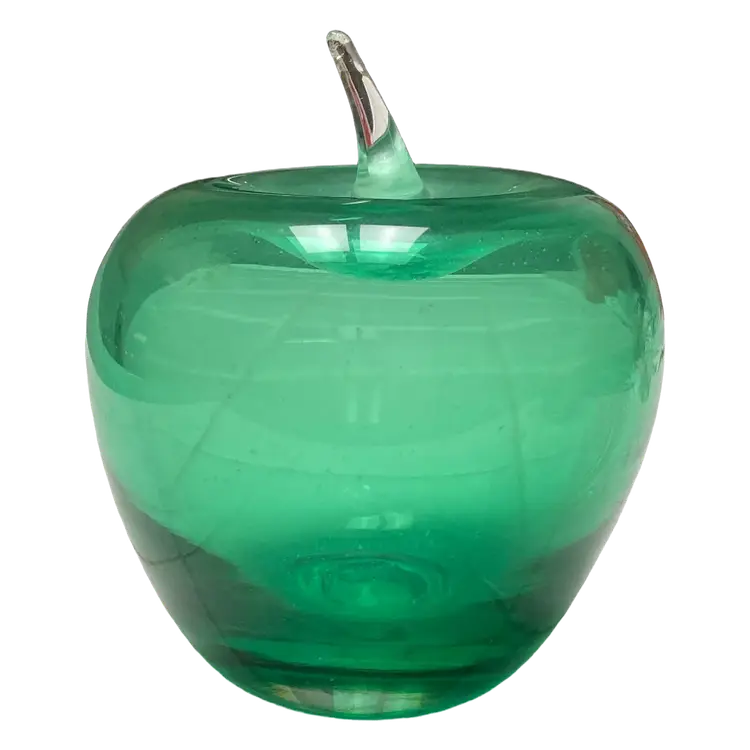 Blenko Art Glass Emerald Green Apple Paperweight w/ Clear Stem
