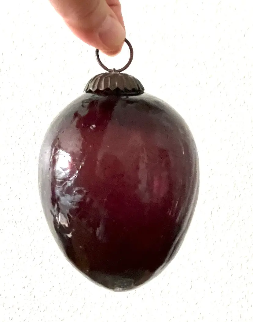 Large 5” Purple Amethyst Violet Thick Crackle Art Glass Egg Christmas Ornament Vintage