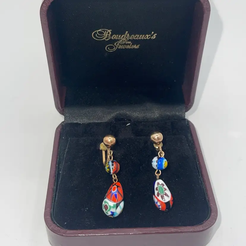 Vintage Millefiori Glass Beaded 12kt Gold Filled Screw Back Dangle Earrings