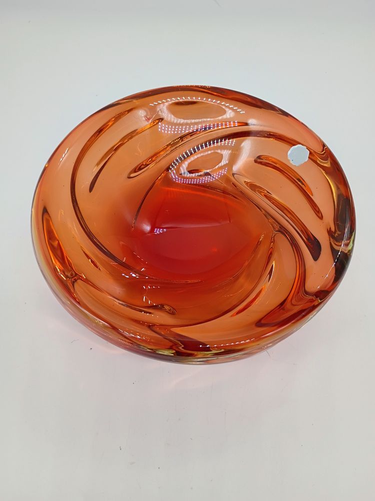 Vintage Chalet Canada Art Glass Peachy Gold Ribbon Swirl Bowl Mid Century MCM Lines.